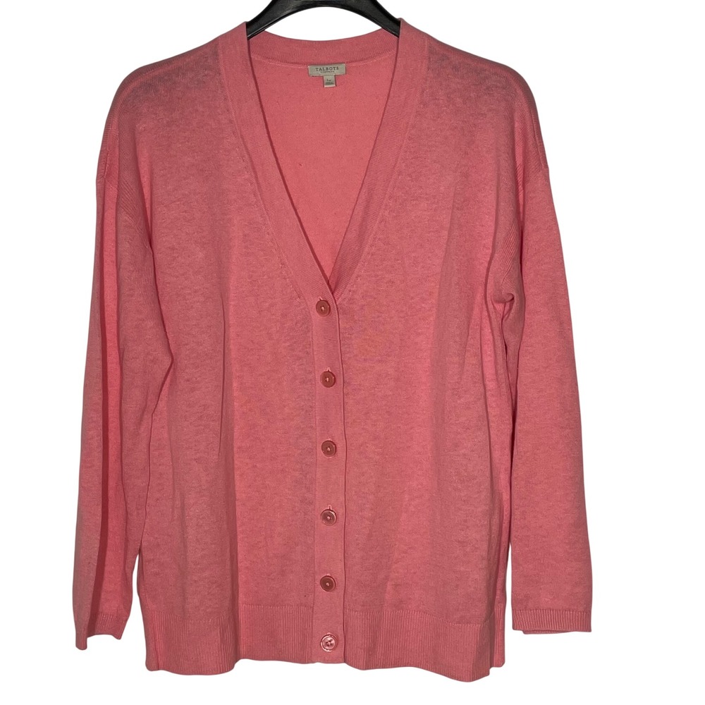 Talbots Linen Blend V-Neck Lightweight Cardigan Sweater Pink Sz LG PET Layering